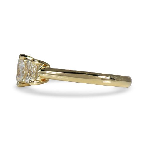 CUSHION CUT THREE DIAMONDS ENGAGEMENT RING IN YELLOW GOLD - ALL RINGS
