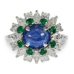 BLUE SAPPHIRE EMERALD AND DIAMOND RING -