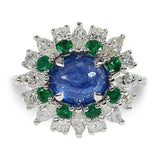 BLUE SAPPHIRE EMERALD AND DIAMOND RING -
