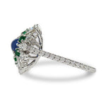 BLUE SAPPHIRE EMERALD AND DIAMOND RING -