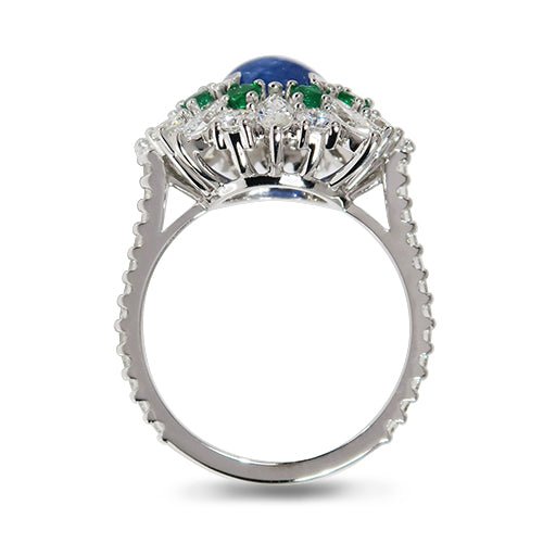 BLUE SAPPHIRE EMERALD AND DIAMOND RING -