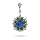 BLUE SAPPHIRE EMERALD AND DIAMOND RING -