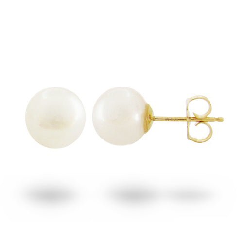 WHITE 7.5MM FRESHWATER PEARL STUD EARRINGS IN YELLOW GOLD - EARRINGS