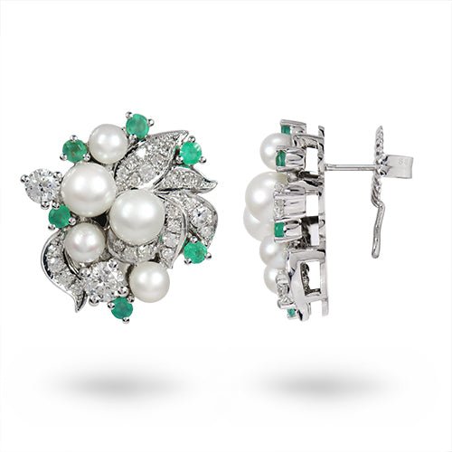 EARRINGS IN PEARL, DIAMOND, & EMERALD -