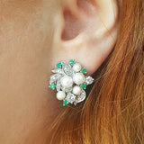EARRINGS IN PEARL, DIAMOND, & EMERALD -