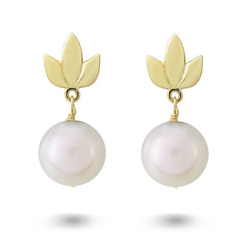LOTUS DROP STUDS WITH WHITE PEARL IN YELLOW GOLD - EARRINGS