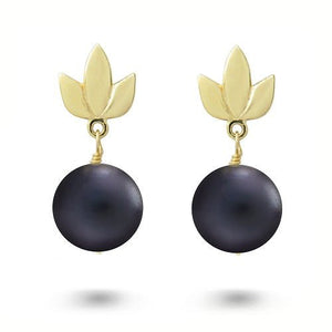 LOTUS DROP STUDS WITH BLACK PEARL IN YELLOW GOLD - EARRINGS