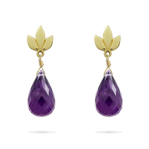 LOTUS DROP STUDS WITH AMETHYST IN YELLOW GOLD - EARRINGS