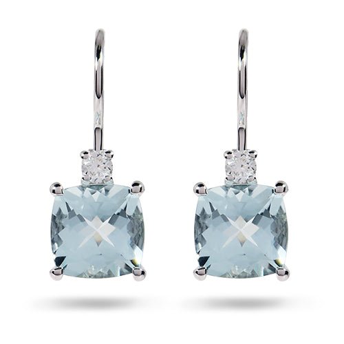 CUSHION AQUAMARINE AND DIAMOND DROP EARRINGS - EARRINGS