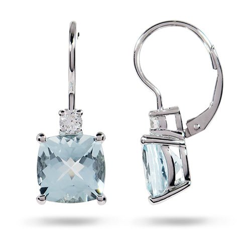 CUSHION AQUAMARINE AND DIAMOND DROP EARRINGS - EARRINGS