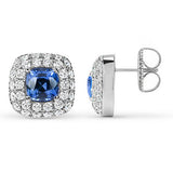 DOUBLE HALO BLUE SAPPHIRE STUD EARRINGS - EARRINGS