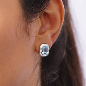 AQUAMARINE & DIAMOND HALO STUD EARRINGS - EARRINGS