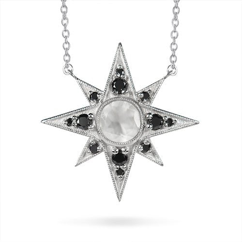 NORTH STAR SILVER PENDANT IN MOONSTONE & BLACK DIAMOND - NECKLACES
