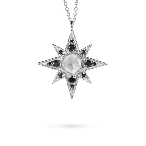 NORTH STAR SILVER PENDANT IN MOONSTONE & BLACK DIAMOND - NECKLACES