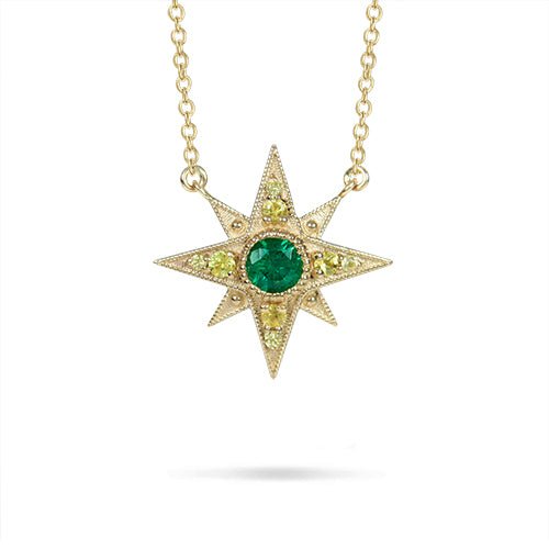 NORTH STAR PENDANT WITH EMERALD & YELLOW SAPPHIRES - NECKLACES