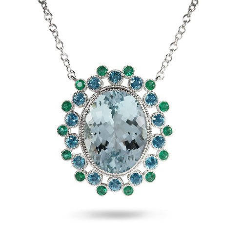 MARIGOLD PENDANT IN AQUAMARINE & BLUE ZIRCON AND EMERALD - NECKLACES