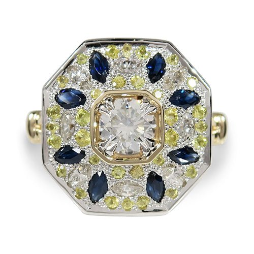 OCTAGONAL RING DOUBLE PRONG DIAMOND WITH BLUE AND YELLOW SAPPHIRE - ALL RINGS