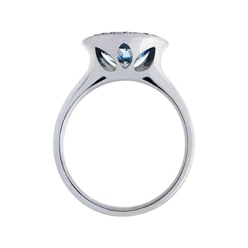 LOTUS BEZEL RING WITH AQUAMARINE & DIAMOND HALO - ANNIVERSARY & CELEBRATION RINGS