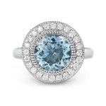 LOTUS BEZEL RING WITH AQUAMARINE & DIAMOND HALO - ANNIVERSARY & CELEBRATION RINGS
