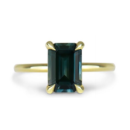 R1142 2C.58CT TEAL SAPPHIRE EMERALD CUT 14K YELLOW GOLD FRONT SMALL 229534