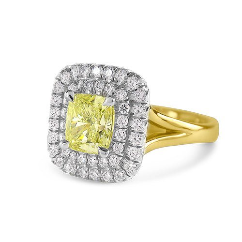 YELLOW DIAMOND DOUBLE HALO RING IN PLATINUM AND 18 KARAT GOLD - ALL RINGS