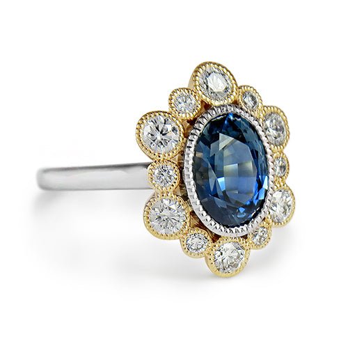 OVAL BLUE SAPPHIRE RING IN YELLOW GOLD AND PLATINUM - ALL RINGS