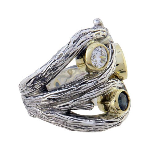 SAPPHIRE AND DIAMOND BARK TEXTURE RING -